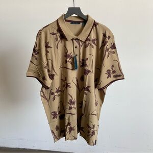 NWT Tan Floral Perry Ellis Cotton Polo Short Sleeve Shirt Sz  XXL